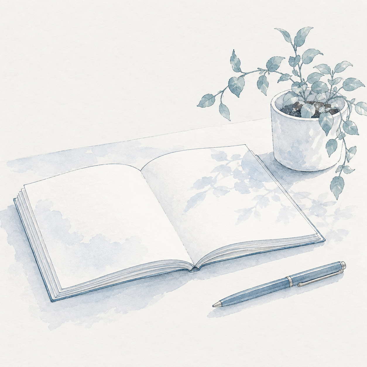 淡いブルーで描かれた、本とペンと小さな植物